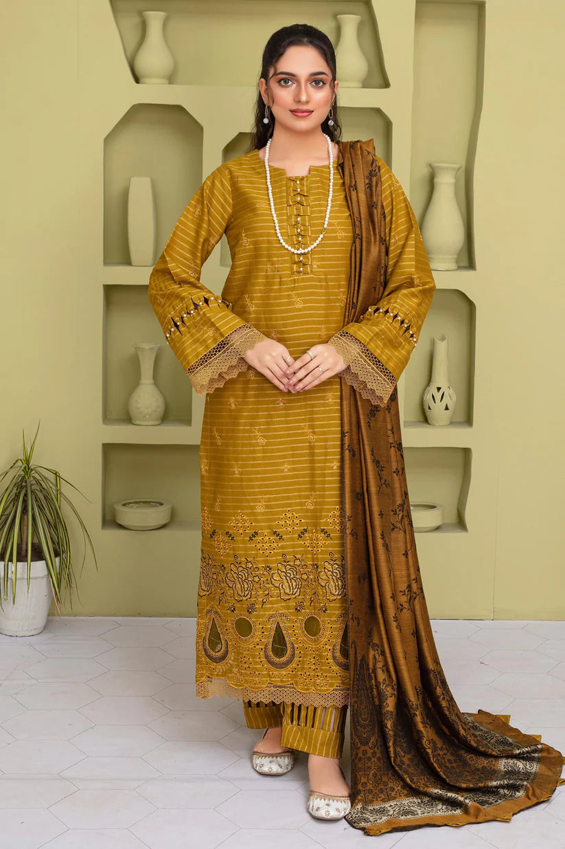 BRANDSINN-3PC KHADAR CUTWORK EMBROIDERED SHIRT WITH KASHMIRI JACQUARD WOOL SHAWL-BI-4052