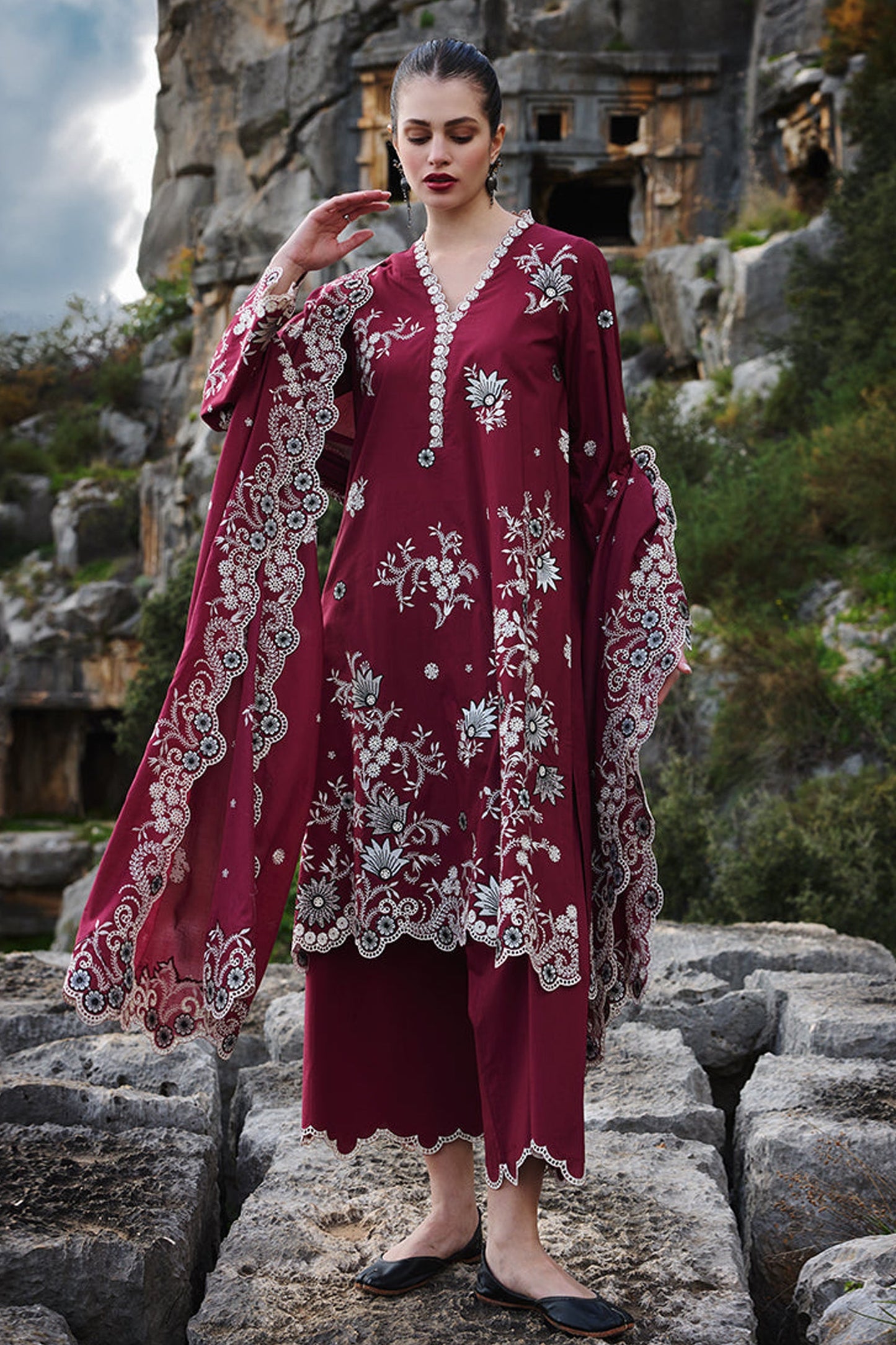 BrandsInn-3PC LAWN EMBROIDERED SHIRT WITH MONARK EMBROIDERED DUAPATTA AND TROUSER-BI-281