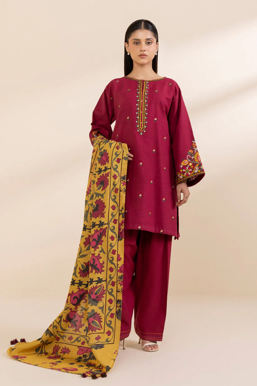 BrandsInn- 3PC KHADAR EMBROIDERED SHIRT WITH WOOL PRINT SHAWL AND TROUSER--BIC-4021