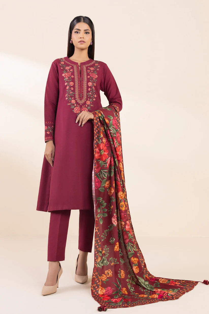 BrandsInn- 3PC DHANAK EMBROIDERED SHIRT WITH WOOL PRINT SHAWL AND TROUSER-BI-4048