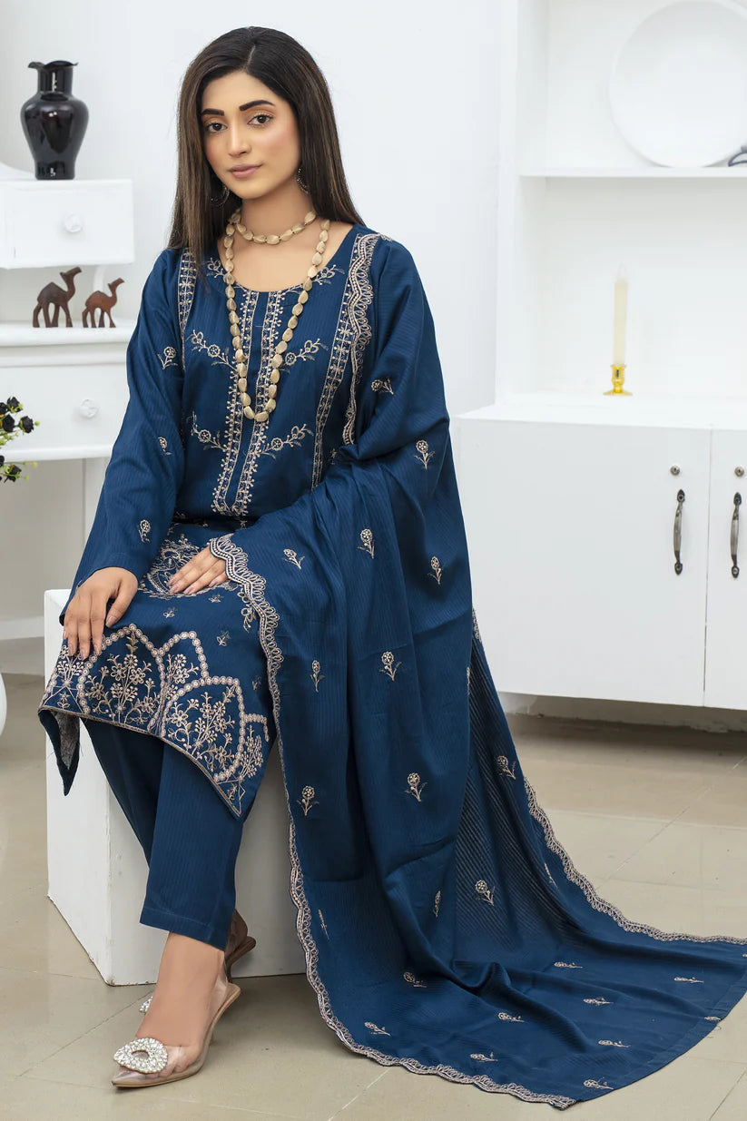 BRANDINN-3PC DHANAK EMBROIDRED SHIRT WITH DHANAK EMBROIDRED SHAWL AND TROUSER-BI-4071
