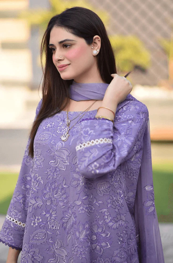 BrandsInn-3PC DHANAK EMBROIDERED SHIRT WITH CHIFFON EMBROIDERED DUPATTA AND TROUSER-BI-4131