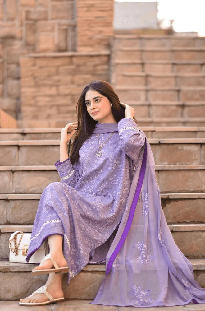 BrandsInn-3PC DHANAK EMBROIDERED SHIRT WITH CHIFFON EMBROIDERED DUPATTA AND TROUSER-BI-4131