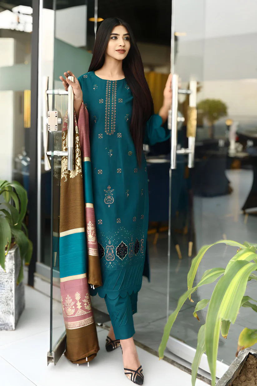 BRANDSINN-3PC KHADDAR CUTWORK EMBROIDERED SHIRT WITH KASHMIRI JACQUARD WOOL SHAWL-BI-4035