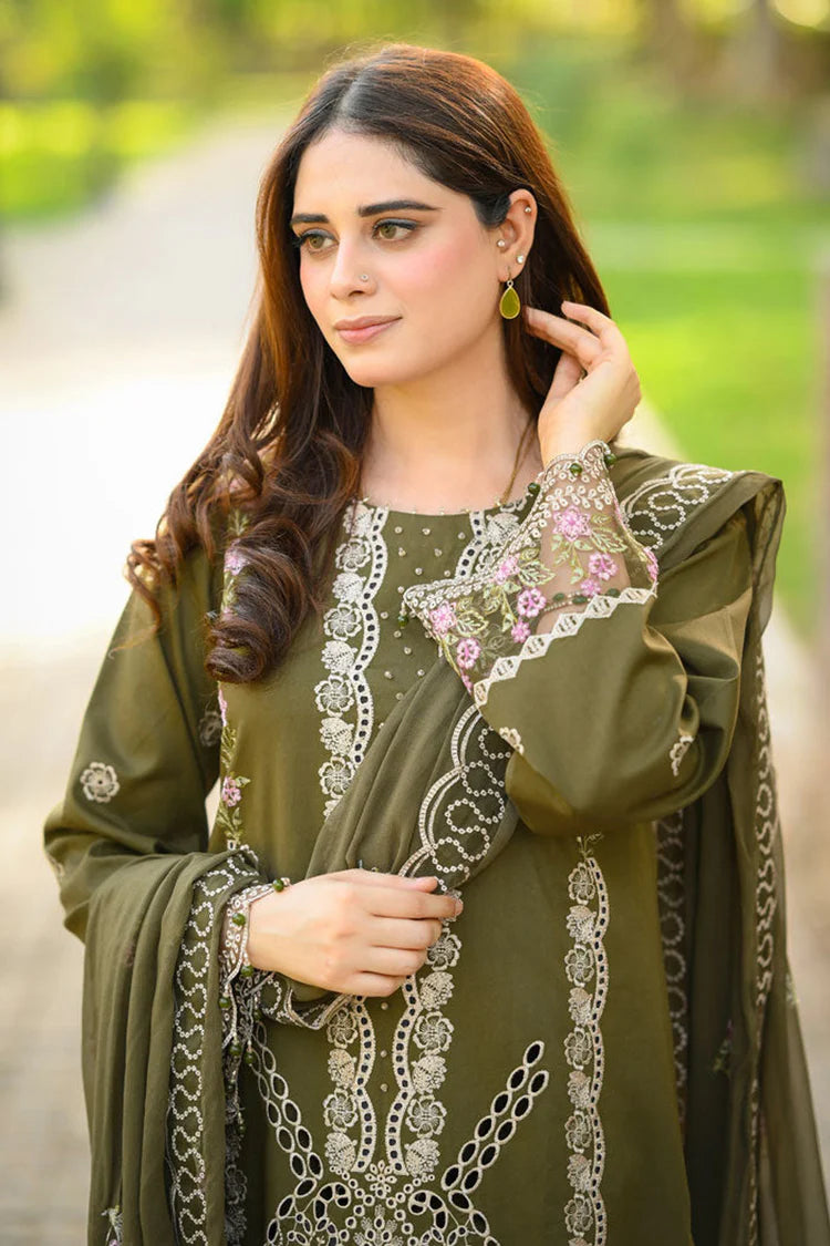 BrandsInn-3PC KARANDI EMBROIDERED SHIRT WITH KARANDI EMBROIDERED SHAWL & EMB TROUSER-BI-4298