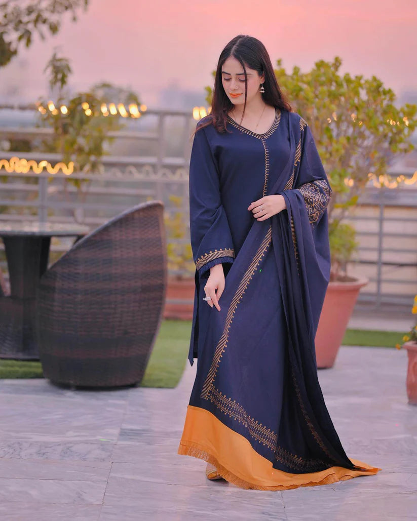 BrandsInn-3PC DHANAK EMBROIDERED SHIRT WITH COUTRAI PRINTED SHAWL AND TROUSER-BI-4084