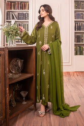 BrandsInn-3PC DHANAK EMBROIDERED SHIRT WITH CHIFFON DUPATTA AND TROUSER-BI-4084