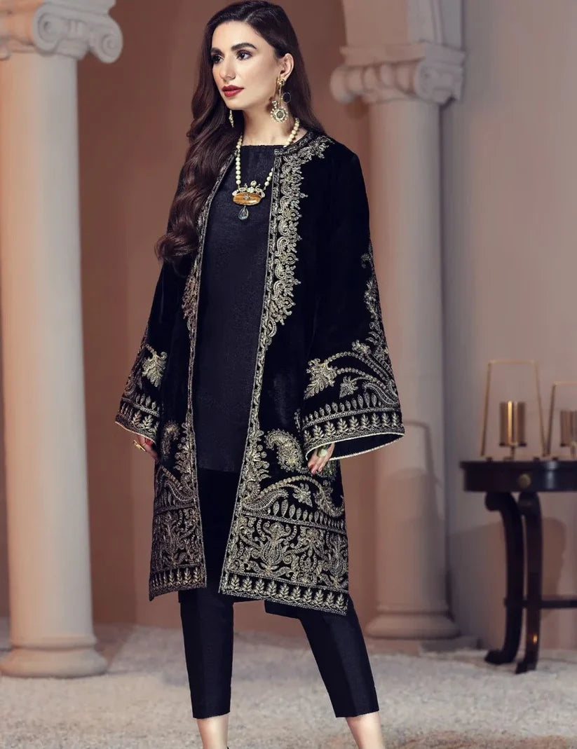 BrandsInn-VELVET 2PC- EMBROIDERED WORK SHIRT WITH SILK INNER AND SILK TROUSER -D-11- MICRO 9000 VELVET-BI-4074