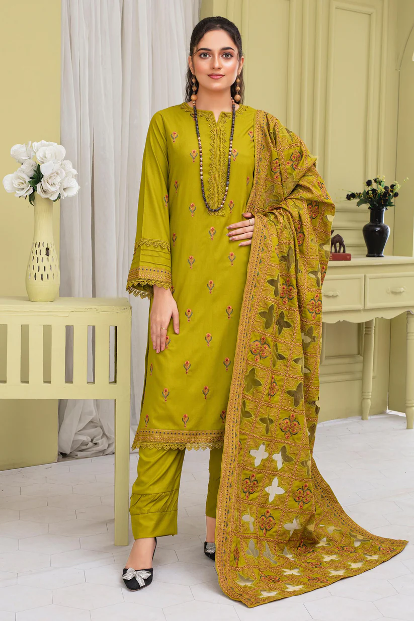 BRANDSINN-3PC DHANAK EMBROIDERED SHIRT WITH DHANAK CUTWORK EMBROIDERED SHAWL AND TROUSER-BI-4063