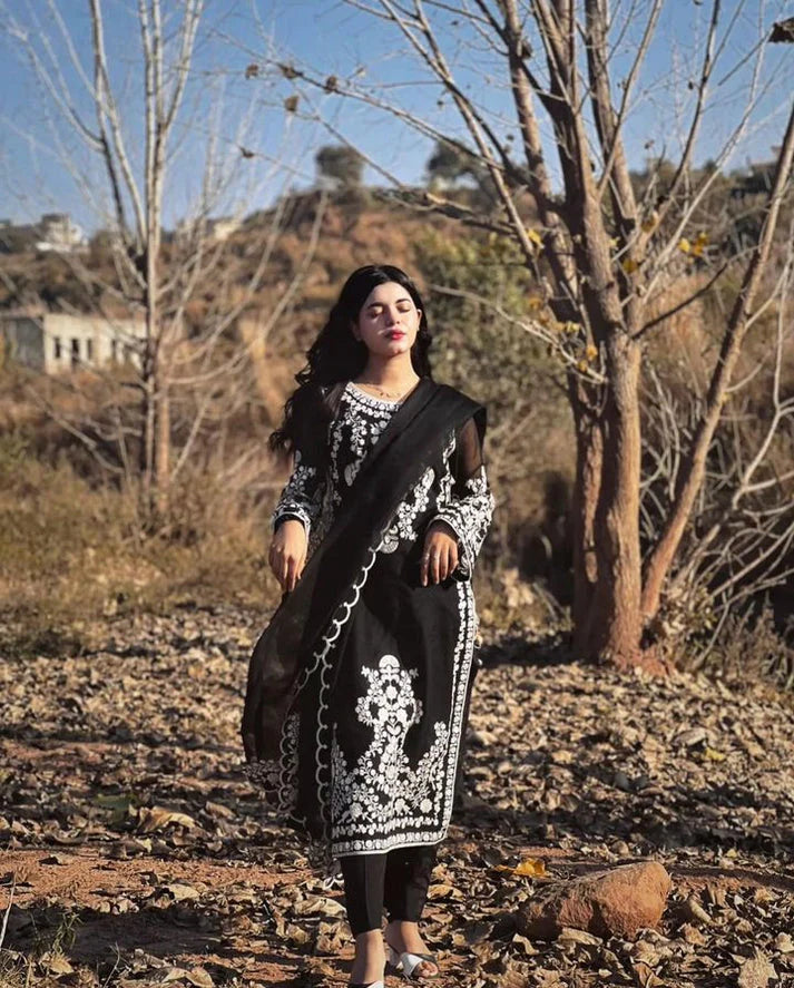 BrandsInn- DHANAK 3PC EMBROIDERED SHIRT WITH DHANAK EMBROIDERED SHAWL WITH TROUSER -BI-4076