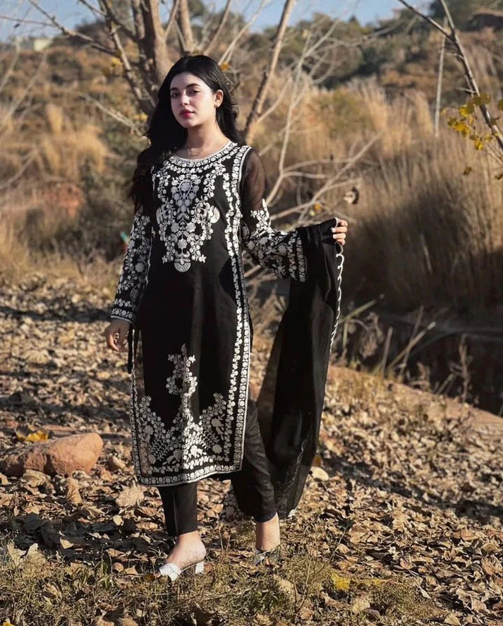 BrandsInn- DHANAK 3PC EMBROIDERED SHIRT WITH DHANAK EMBROIDERED SHAWL WITH TROUSER -BI-4076