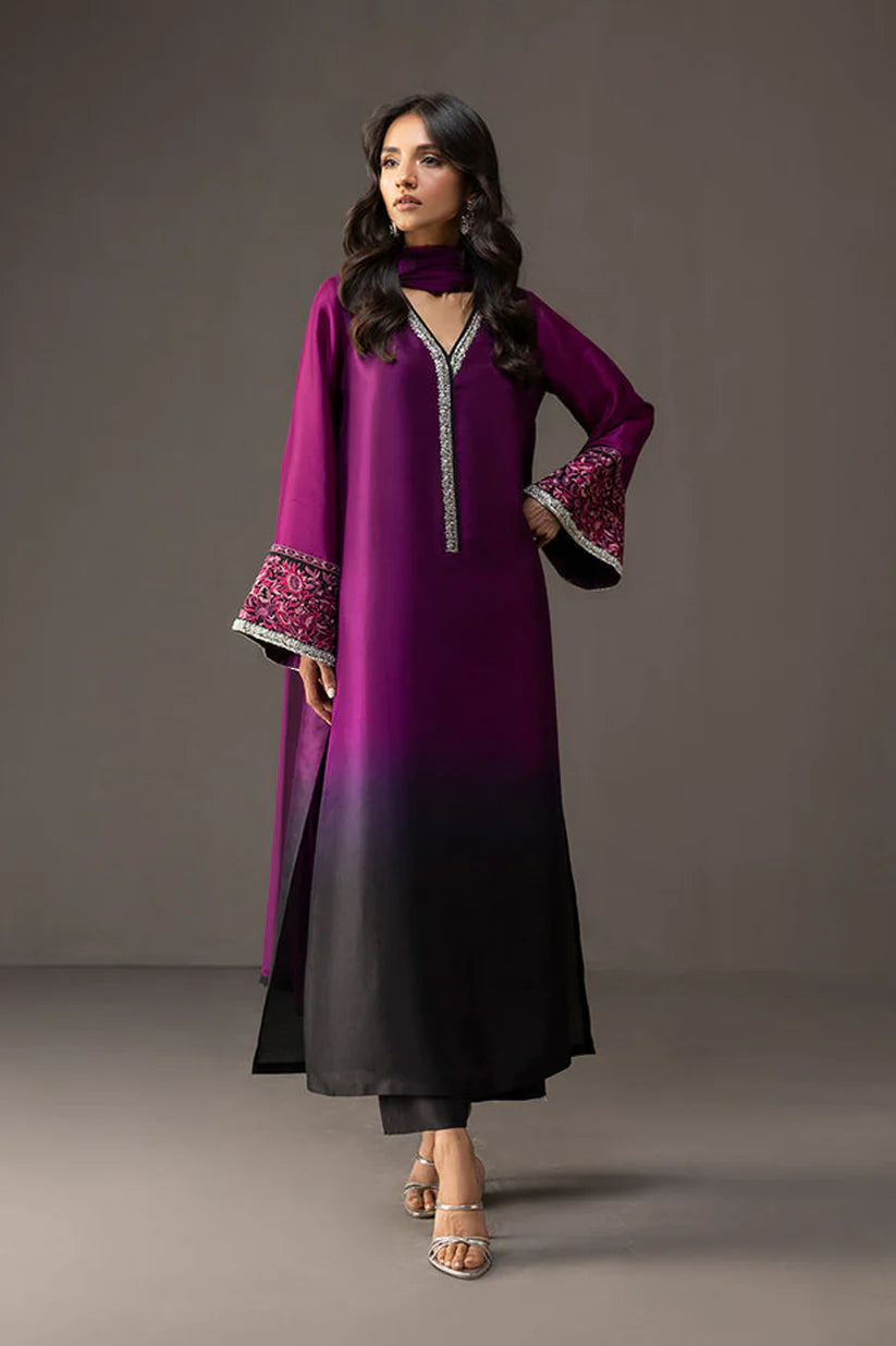 BrandsInn-3PC SHAMOZ SILK PRINT EMBROIDERED SHIRT WITH SOFT SILK PRINT DUPATTA & SILK TROUSER -BI-4164