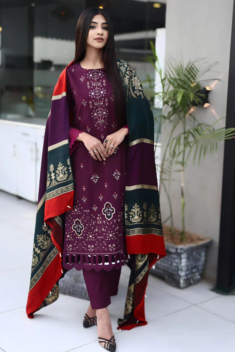 BRANDSINN-3PC KHADDAR CUTWORK EMBROIDERED SHIRT WITH KASHMIRI JACQUARD WOOL SHAWL-BI-4034