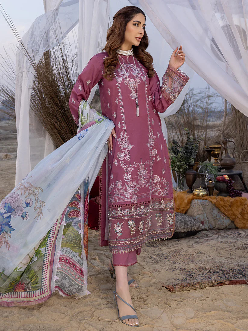 BrandsInn-3PC DHANAK EMBROIDERED SHIRT WITH COUTRAI PRINTED SHAWL AND TROUSER-BI-4052