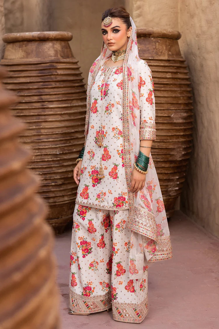 BrandsInn-3PC SHAMOZE SILK PRINTED EMB SHIRT WITH SOFT SILK PRINTED EMB DUPATTA & EMB TROUSER BI-