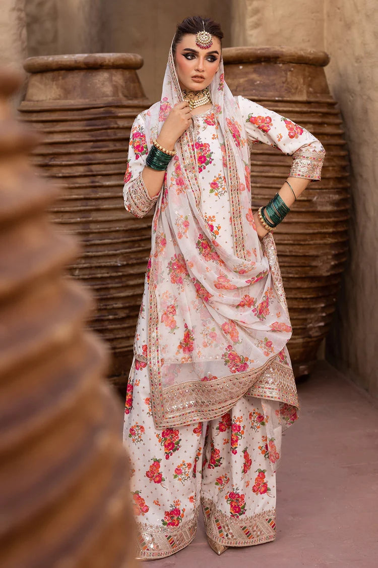 BrandsInn-3PC SHAMOZE SILK PRINTED EMB SHIRT WITH SOFT SILK PRINTED EMB DUPATTA & EMB TROUSER BI-1707