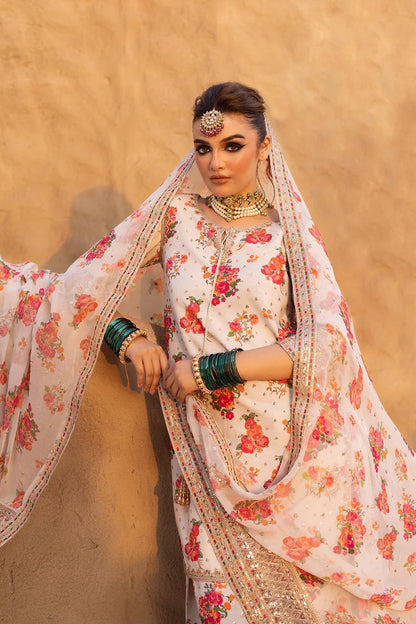 BrandsInn-3PC SHAMOZE SILK PRINTED EMB SHIRT WITH SOFT SILK PRINTED EMB DUPATTA & EMB TROUSER BI-