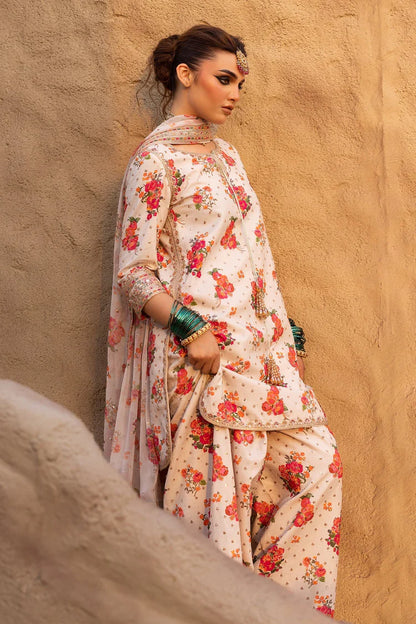 BrandsInn-3PC SHAMOZE SILK PRINTED EMB SHIRT WITH SOFT SILK PRINTED EMB DUPATTA & EMB TROUSER BI-