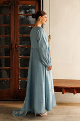 BrandsInn-3PC LAWN CHIKANKAARI EMB FROCK WITH CHIFFON PRINTED DUPATTA & DYED TROUSER-BI-4887