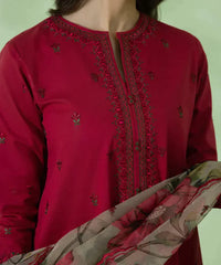 BrandsInn - 3PC LINEN EMBROIDERED WITH ORGANZA EMBROIDERED PRINT DUPATTA- BI-3136
