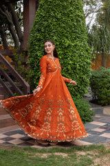BrandsInn-FROCK 3PC LAWN EMBROIDERED SHIRT WITH CHIFFON EMBROIDERED DUPATTA AND TROUSER-BI-4858