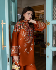 BrandsInn-3PC DHANAK EMBROIDERED SHIRT WITH DHANAK EMBROIDERED SHAWL AND EMB TROUSER-BI-5236