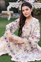 BrandsInn-3PC LAWN PRINTED CHIKAN EMB SHIRT WITH SILK PRINTED DUPATTA AND TROUSER-BI-031