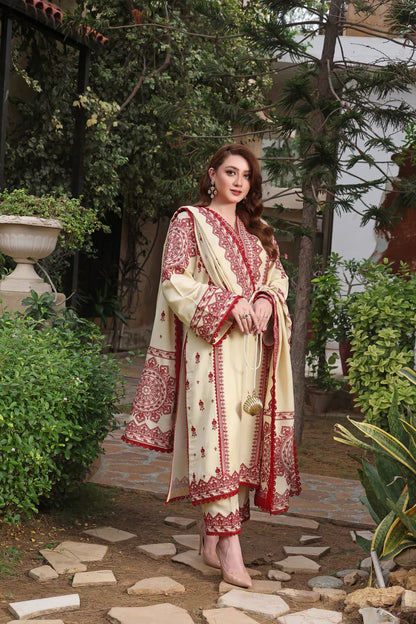 BrandsInn-3PC DHANAK EMBROIDERED SHIRT WITH DHANAK EMBROIDERED SHAWL & TROUSER-BI-4304