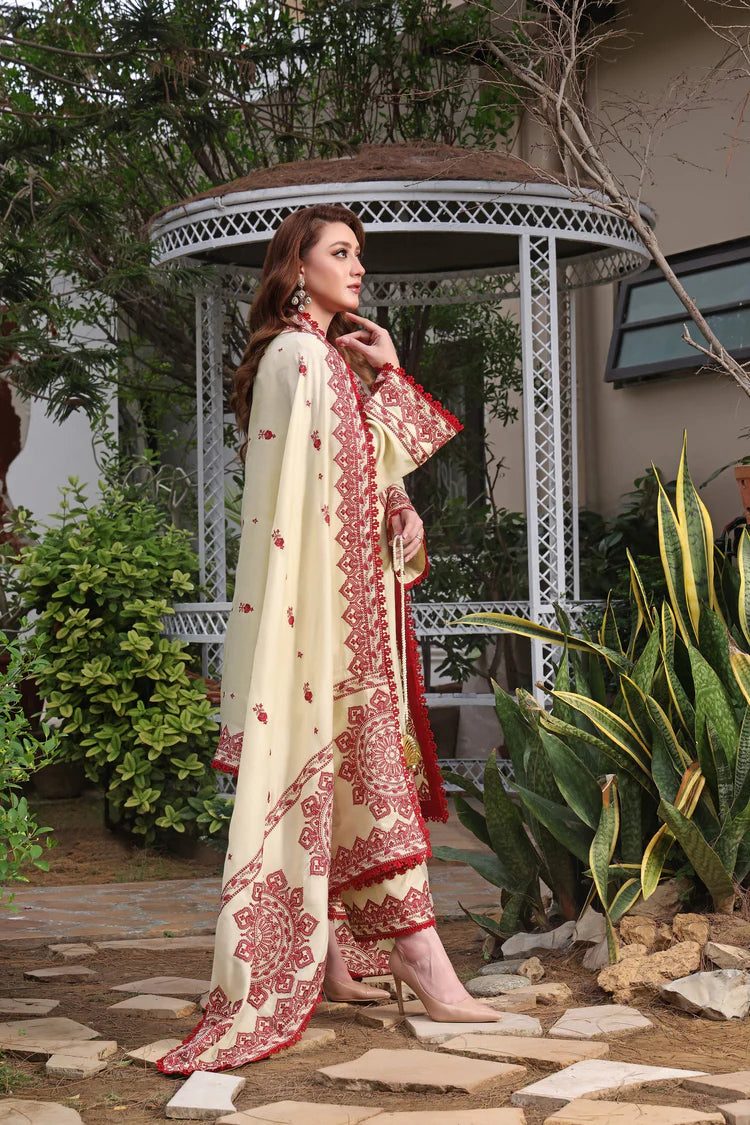 BrandsInn-3PC DHANAK EMBROIDERED SHIRT WITH DHANAK EMBROIDERED SHAWL & TROUSER-BI-4304