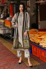 BrandsInn-3PC KHADDAR PRINTED EMB SHIRT WITH KHADDAR PRINTED DUPATTA AND PRINT TROUSER-BI-