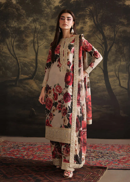 BrandsInn-3PC SHAMOZ SILK PRINT EMBROIDERED SHIRT WITH SOFT SILK PRINT EMBROIDERED DUPATTA & EMB SILK TROUSER-BI-4163