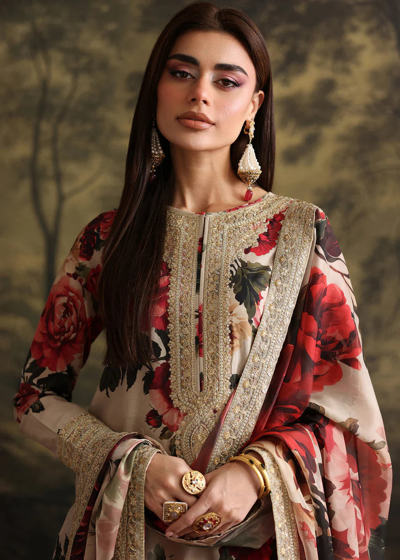 BrandsInn-3PC SHAMOZ SILK PRINT EMBROIDERED SHIRT WITH SOFT SILK PRINT EMBROIDERED DUPATTA & EMB SILK TROUSER-BI-4163