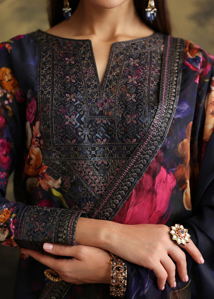BrandsInn-3PC SHAMOZE SILK PRINTED EMBROIDERED SHIRT WITH SOFT SILK PRINTED EMB DUPATTA & EMB TROUSER-BI-1725