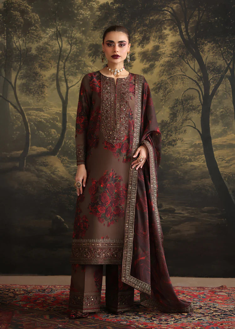 BrandsInn-3PC SHAMOZE SILK PRINTED EMBROIDERED SHIRT WITH SOFT SILK PRINTED EMB DUPATTA & EMB TROUSER BI-1724