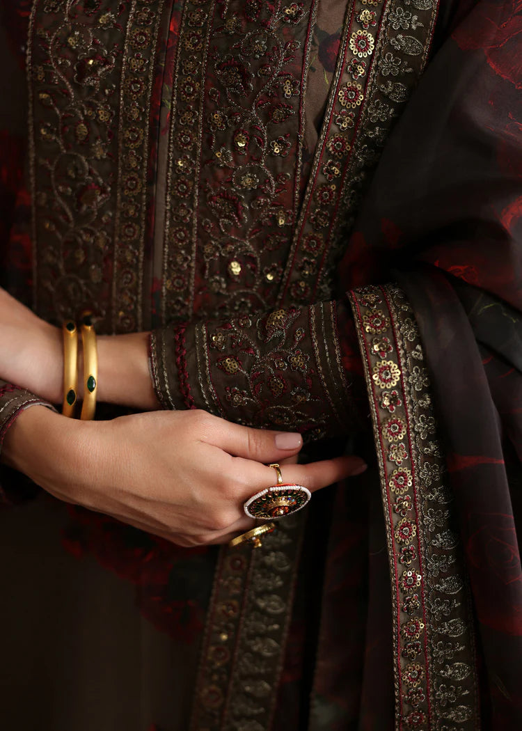 BrandsInn-3PC SHAMOZE SILK PRINTED EMBROIDERED SHIRT WITH SOFT SILK PRINTED EMB DUPATTA & EMB TROUSER BI-1724