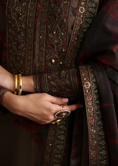 BrandsInn-3PC SHAMOZE SILK PRINTED EMBROIDERED SHIRT WITH SOFT SILK PRINTED EMB DUPATTA & EMB TROUSER BI-1724