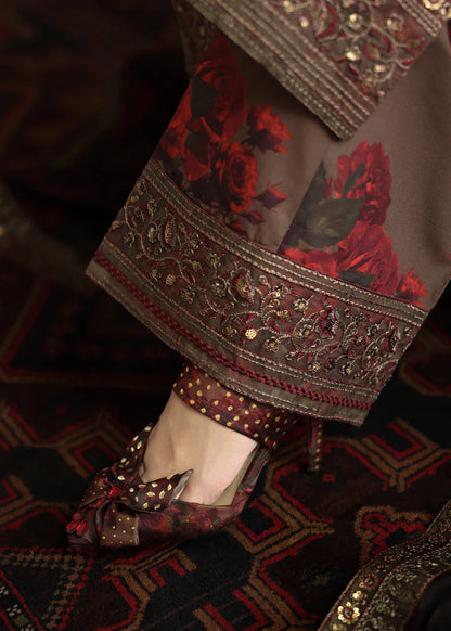 BrandsInn-3PC SHAMOZE SILK PRINTED EMBROIDERED SHIRT WITH SOFT SILK PRINTED EMB DUPATTA & EMB TROUSER BI-1724
