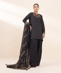 BrandsInn- 3PC DHANAK EMBROIDERED SHIRT WITH WOOL PRINT SHAWL AND TROUSER-BI-4111