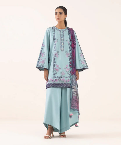 BrandsInn-3PC DHANAK EMBROIDERED SHIRT WITH COURTRAI PRINTED SHAWL AND TROUSER-BI-4294