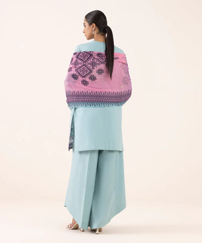 BrandsInn-3PC DHANAK EMBROIDERED SHIRT WITH COURTRAI PRINTED SHAWL AND TROUSER-BI-4294