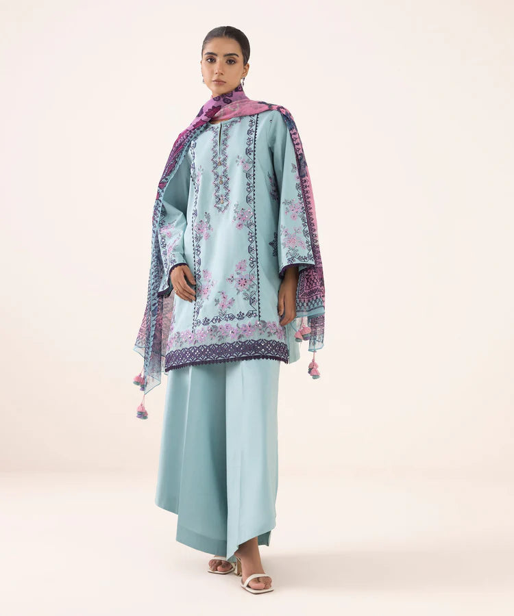 BrandsInn-3PC DHANAK EMBROIDERED SHIRT WITH COURTRAI PRINTED SHAWL AND TROUSER-BI-4294