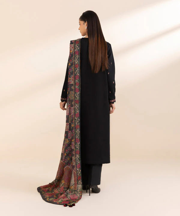 BrandsInn-3PC DHANAK EMBROIDERED SHIRT WITH COUTRAI WOOL PRINT SHAWL & TROUSER-BI-4108