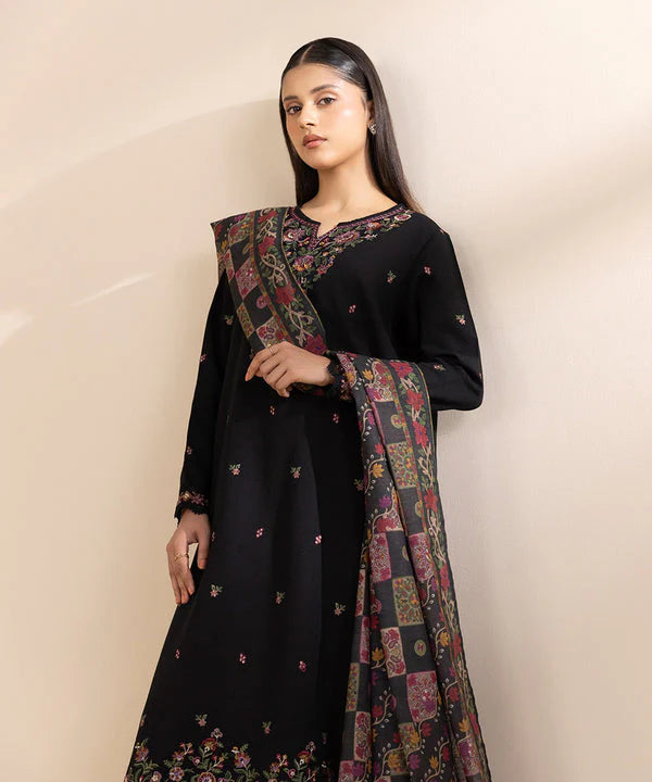 BrandsInn-3PC DHANAK EMBROIDERED SHIRT WITH COUTRAI WOOL PRINT SHAWL & TROUSER-BI-4108