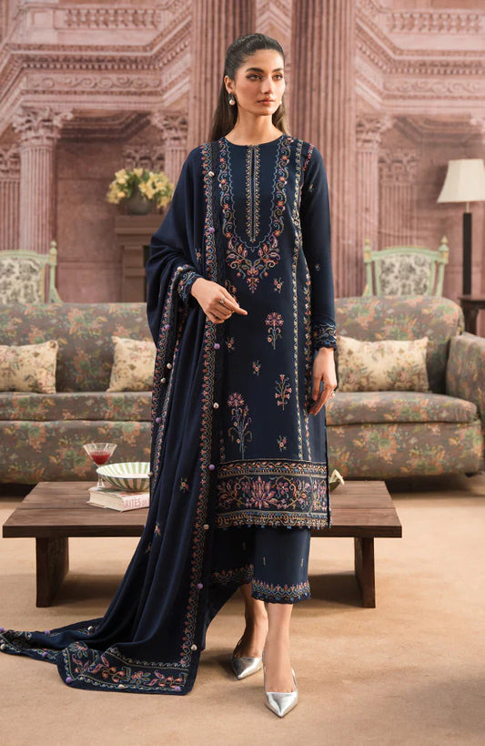 BrandsInn-3PC DHANAK EMBROIDERED SHIRT WITH DHANAK EMBROIDERD SHAWL & EMB TROUSER-BI-4053
