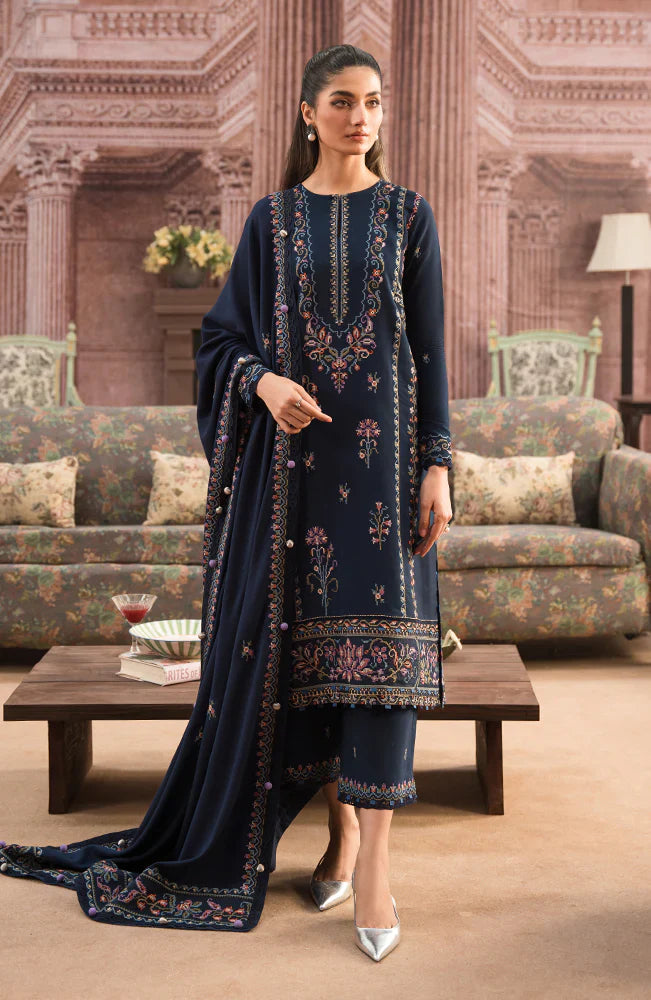 BrandsInn-3PC DHANAK EMBROIDERED SHIRT WITH DHANAK EMBROIDERD SHAWL & EMB TROUSER-BI-4053