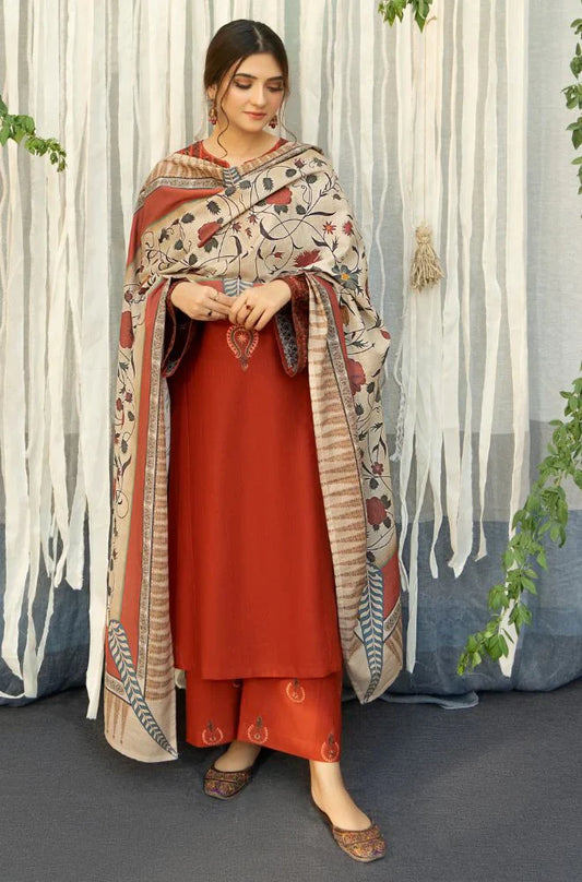 BrandsInn - 3PC DHANAK EMBROIDERED SHIRT WITH COUTURE WOOL PRINT SHAWL AND TROUSER-BIC-4019