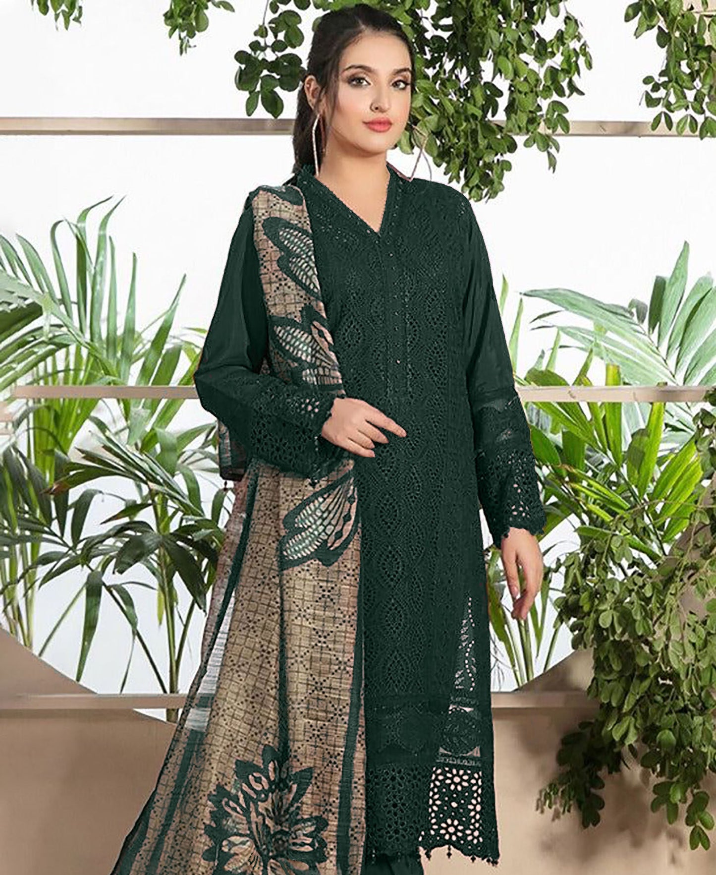 BrandsInn-3PC CHIKANKAARI LAWN EMBROIDERED SHIRT WITH MONARK PRINT DUPATTA AND TROUSER- MUNGIYA-BI-146