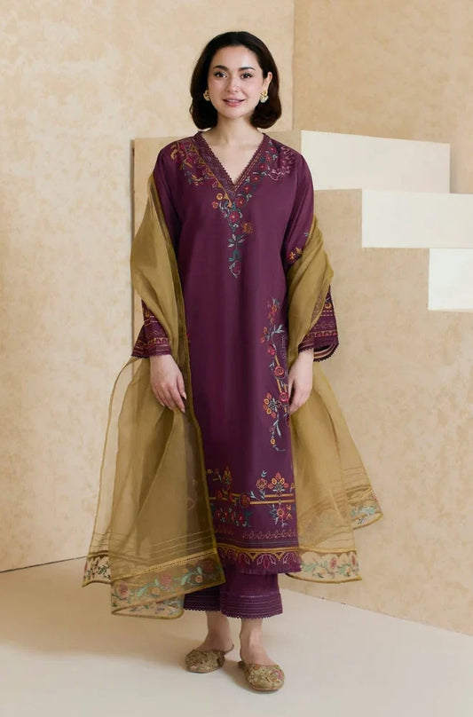 BrandsInn - 3PC LAWN EMBROIDERED SHIRT WITH ORGANZA EMBROIDERED DUPATTA AND TROUSER -BI-430