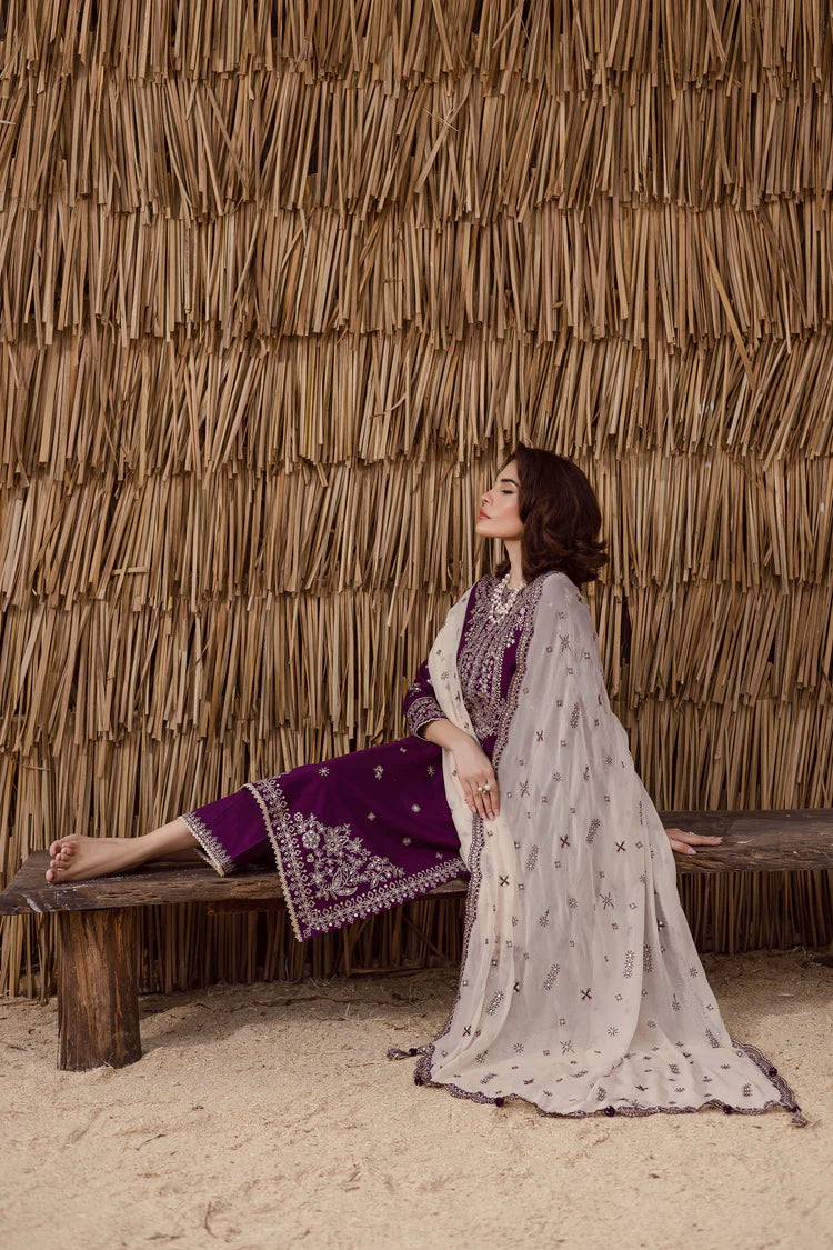 BrandsInn-3PC DHANAK EMBROIDERED SHIRT WITH DHANAK EMBROIDERED SHAWL AND TROUSER-BI-4338