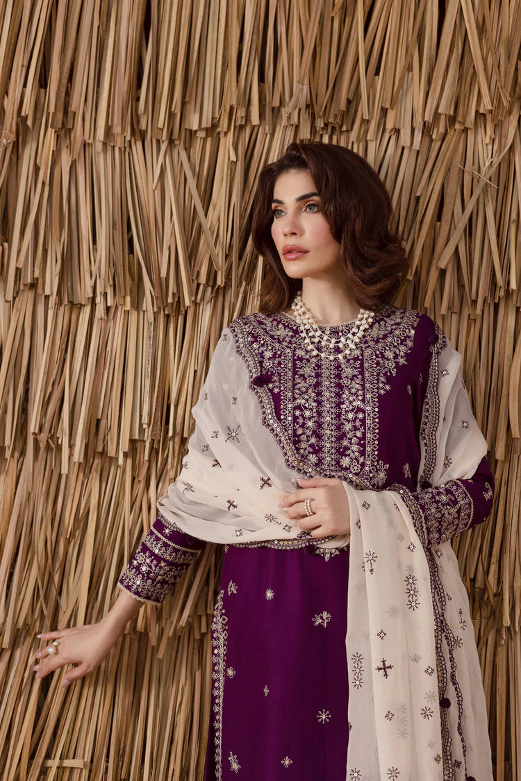BrandsInn-3PC DHANAK EMBROIDERED SHIRT WITH DHANAK EMBROIDERED SHAWL AND TROUSER-BI-4338